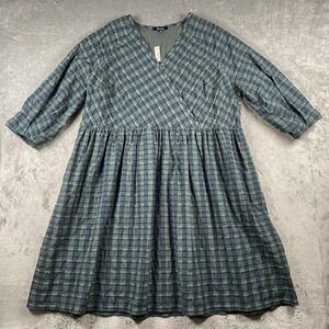 Madewell Dress Womens 1X Green Blue Marianna Puff Sleeve Mini Plaid Heritage NWT